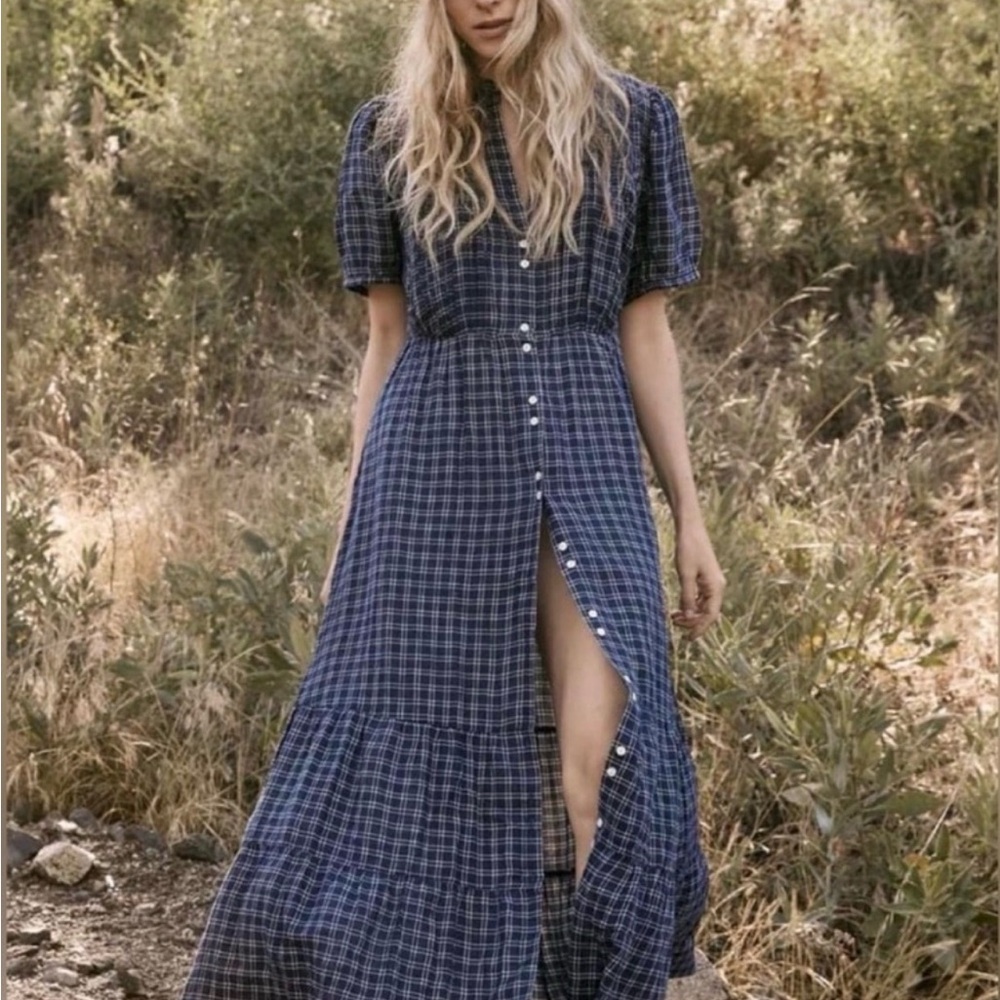 Plaid Blue Button-Down Maxi Dress